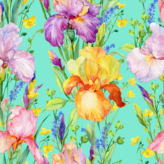 beautiful seamless pattern with iris flowers on a green background .Illustration by watercolor