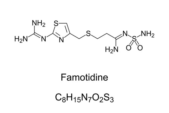 Famotidine, chemical formula and structure.Histamine H2 receptor antagonist medication that decreases stomach acid production, used to treat peptic ulcer disease, and gastroesophageal reflux disease.