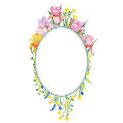 Oval floral frame ornament with iris flowers on a white background, for the design of cards and invitations