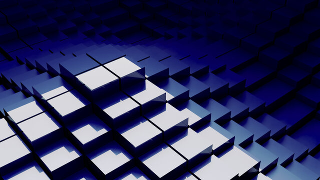 Dark blue squares abstract background. Reflective voluminous texture. 3D image for product photography digital render	