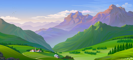 A landscape of big mountains, meadows, and a little town.