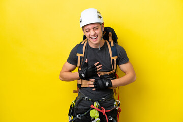 Young rock climber Brazilian man smiling a lot