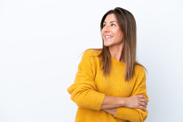 Middle age caucasian woman isolated on white background happy and smiling