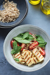 Plate of quinoa with grilled halloumi, fresh spinach and red tomatoes, high angle view on a grey concrete background, vertical shot