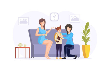 Two smiling women and little girl communicating in living room