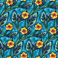 Seamless floral pattern with decorative flowers branches. Artistic floral print, picturesque botanical background with small flowers, leaves on branches. Vector illustration.