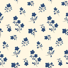 Seamless floral pattern with rustic decorative plants. Simple ditsy print, cute botanical background with small blue flowers, leaves, twigs on a light field. Vector illustration.