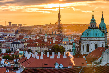 The Prague cityscape shortly after sunrise. 