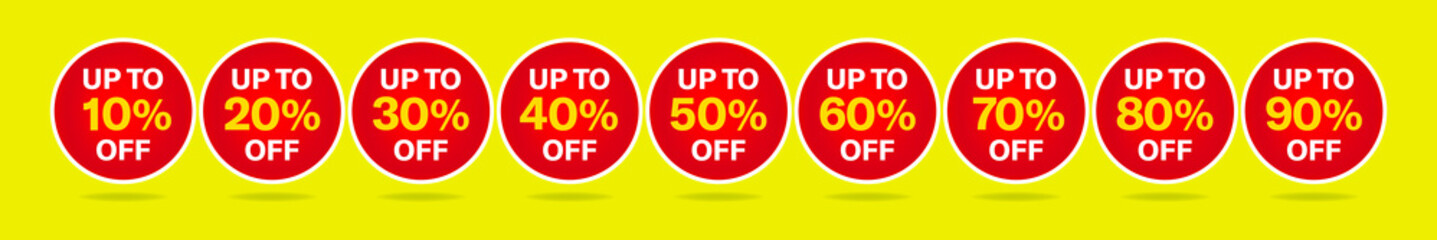 Great discount sale tag. 10 - 90 percent off sales badges with drop shadow. up to 10% off. Finance product emblem. vector