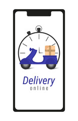 Delivery service. Online delivery. Blue scooter. Phone with time and scooter. Online delivery application. Scooter delivery. Vector illustration