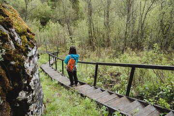 Ecological trail for travel in the national park, stairs with railings in nature, steps made of wood, safe descent, hike with a backpack.