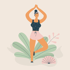 Body positivity cute young plump girl with more size-inclusive body do yoga in funky figures style.Plumpish lady in tree pose.Concept of evolving beauty standards and diversity.Vector illustration
