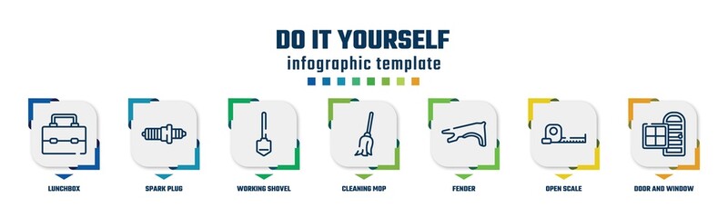 do it yourself concept infographic design template. included lunchbox, spark plug, working shovel, cleaning mop, fender, open scale, door and window icons and 7 option or steps.