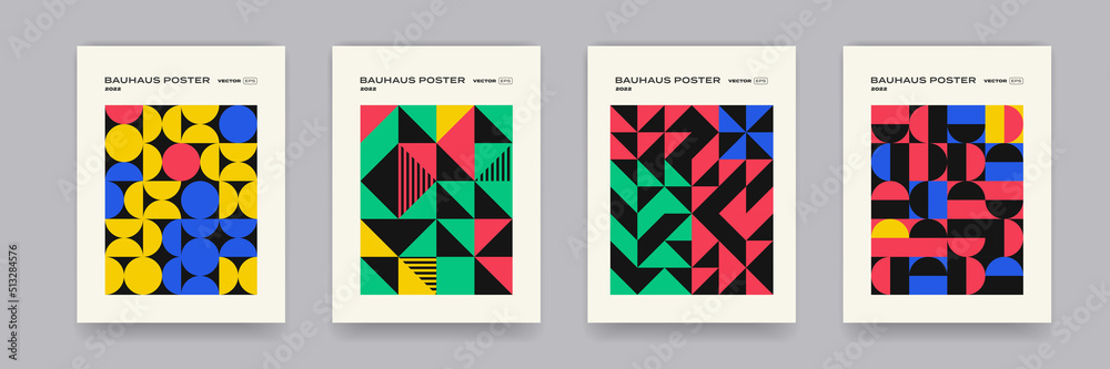 Poster geometric bauhaus pattern background, vector abstract circle, triangle and square lines art. yellow,