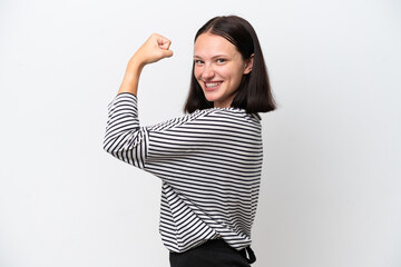 Young caucasian woman isolated on white background doing strong gesture