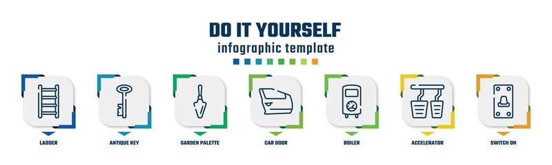 do it yourself concept infographic design template. included ladder, antique key, garden palette, car door, boiler, accelerator, switch on icons and 7 option or steps.