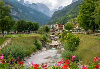 View of Molveno lake in The Adamello - Brenta nature Park. The lake is located at the shore of...