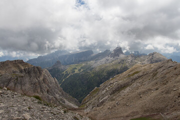 Mountain landscape in a cloudy day. The Cinque Torri seen from above of South side, Dolomites.