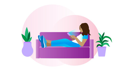 woman on couch looking at phone simple illustration art
