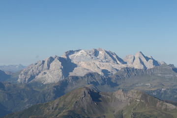 Marmolada glacier in summer time seeing from Lagazuoi terrace in a sunny day, Dolomites, Italy.