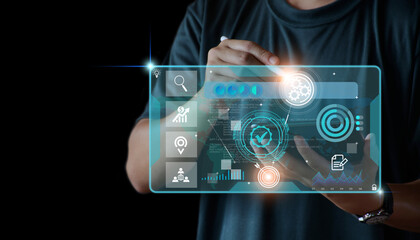 Business database analysis concept. Businessman analyzing economic data. related to business operations, analysis of future economic trends, virtual screens, business networking, internet technology.