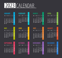 2023 Calendar - illustration. Template. Mock up. Week starts on Monday