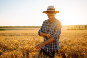 Naklejka na ściany i meble Young Farmer in the hat in a wheat field. Agriculture, gardening or ecology concept.