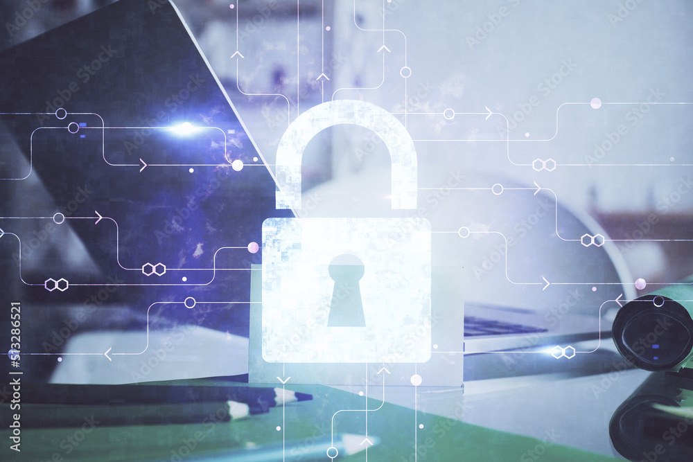 Poster Double exposure of desktop with computer and lock icon hologram. Concept of data safety.