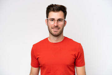 Fototapeta premium Young caucasian man isolated on white background With glasses with happy expression