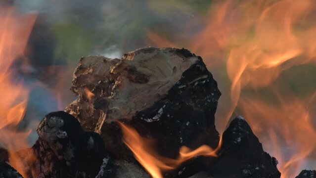 Wooden log burning in a barbecue fire