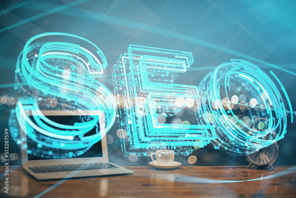 Aufkleber Multi exposure of table with computer and seo drawing hologram. Search optimization concept.