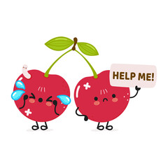 Cute sad sick cherry asks for help character. Vector hand drawn cartoon kawaii character illustration icon. Isolated on white background. Suffering unhealthy yellow cherry character concept