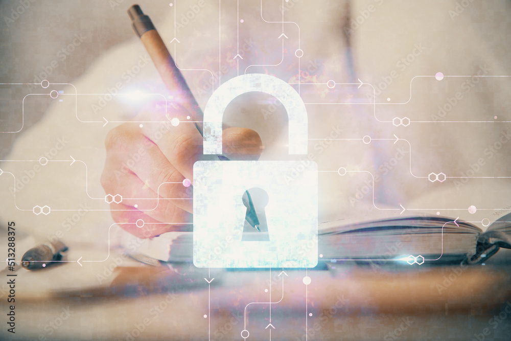 Poster Double exposure of hands making notes with lock icons. Concept security and protection of data