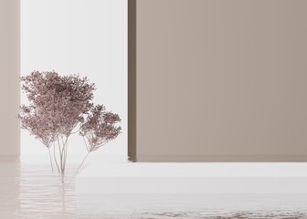 Podium standing in water, with plant, on the cream background. Beautiful mock up for product, cosmetic presentation. Pedestal or platform for beauty products. Empty scene, stage. 3D rendering.