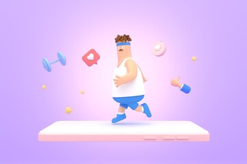 The phone has a young boy jogging with an icon. purple bcakground 3d rendering