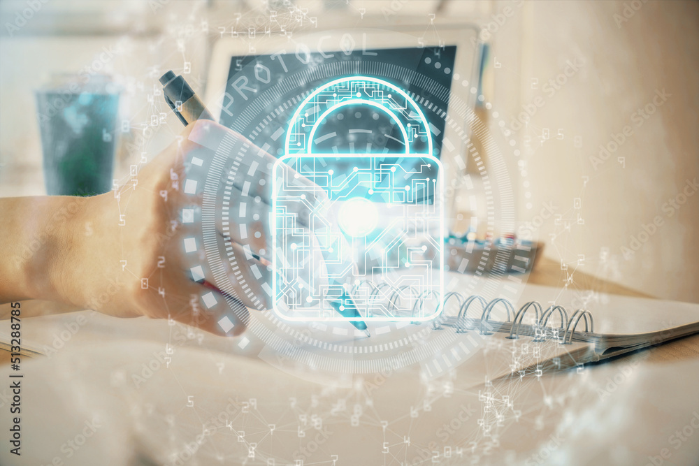 Aufkleber double exposure of woman's hands writing with lock icon. concept of security and protection of data