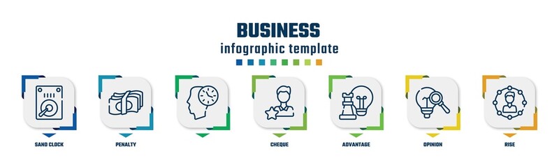 business concept infographic design template. included sand clock, penalty, , cheque, advantage, opinion, rise icons and 7 option or steps.