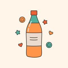 Glass bottle with orange soda. 80s, 90s vibes funky element. Refreshing beverage oldschool vector illustration