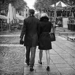 Un couple très élégant se promène en ville - ils marchent de dos - Noir et blanc