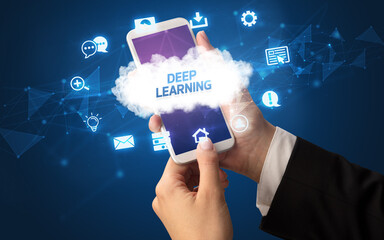 Hand using smartphone with cloud technology concept