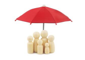 Family protection, insurance and safety concept. Family people figures under red umbrella isolated...