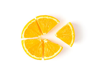 Five slices of orange isolated on a white background. Orange. Diagram. 