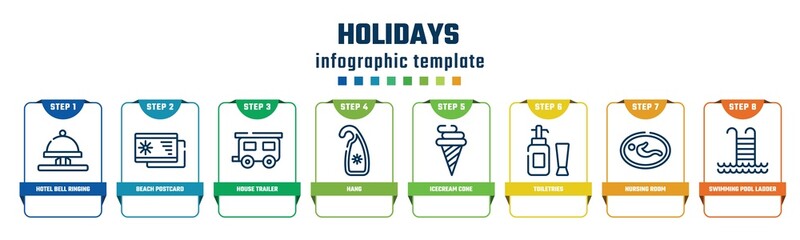 holidays concept infographic design template. included hotel bell ringing, beach postcard, house trailer, hang, icecream cone, toiletries, nursing room, swimming pool ladder icons and 8 options or