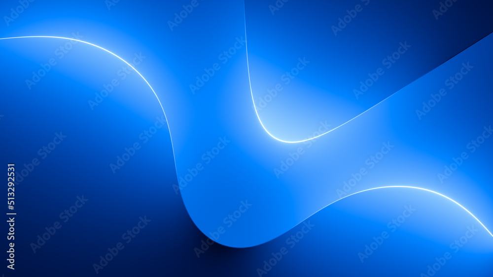 Poster 3d render, abstract blue background with glowing curvy lines illuminated with neon light. modern min