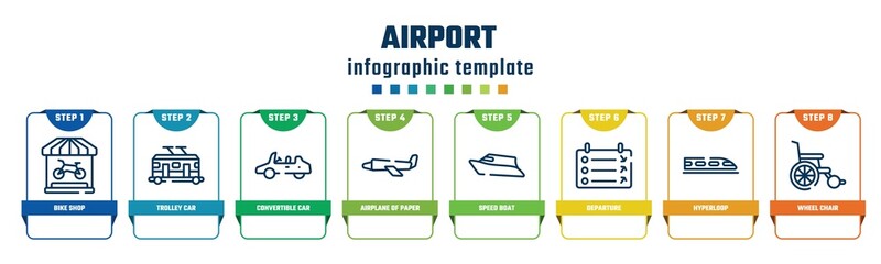 airport concept infographic design template. included bike shop, trolley car, convertible car, airplane of paper sheet, speed boat, departure, hyperloop, wheel chair icons and 8 options or steps.
