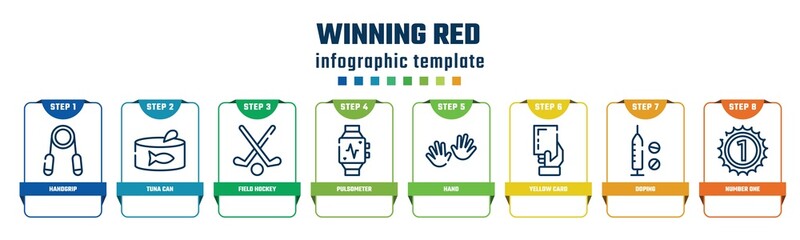 winning red concept infographic design template. included handgrip, tuna can, field hockey, pulsometer, hand, yellow card, doping, number one icons and 8 options or steps.