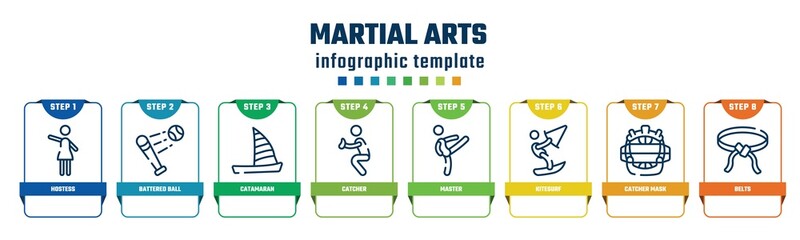 martial arts concept infographic design template. included hostess, battered ball, catamaran, catcher, master, kitesurf, catcher mask, belts icons and 8 options or steps.