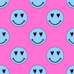 Retro Psychedelic Smile Seamless Pattern on Pink Background. Blue smile. Y2k retro pattern. 90s background