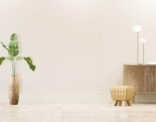 Living room interior wall mockup in minimalist style, empty warm white background. 3d rendering, 3d illustration