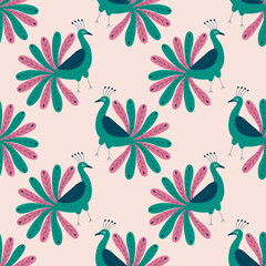 Peacocks with beautiful colorful tails hand drawn vector illustration. Cute peafowl bird in flat style seamless pattern for fabric or wallpaper.